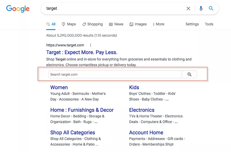 顯示 Target.com 搜索列表的附加鏈接搜索框。