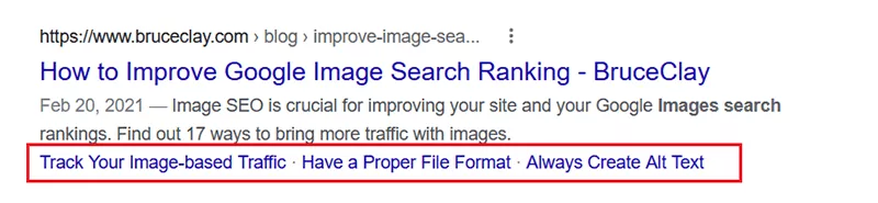“圖像搜索排名”的 SERP 結果中的 BruceClay.com 文章的附加鏈接。