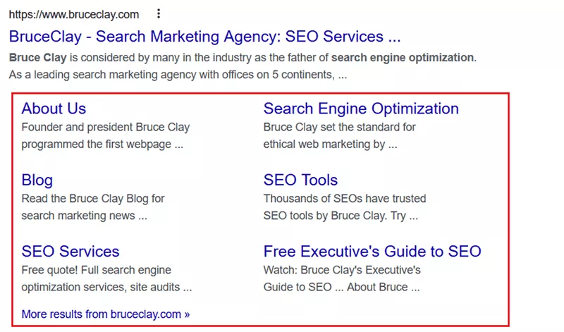 Google 顯示查詢“bruce Clay seo”的附加鏈接。