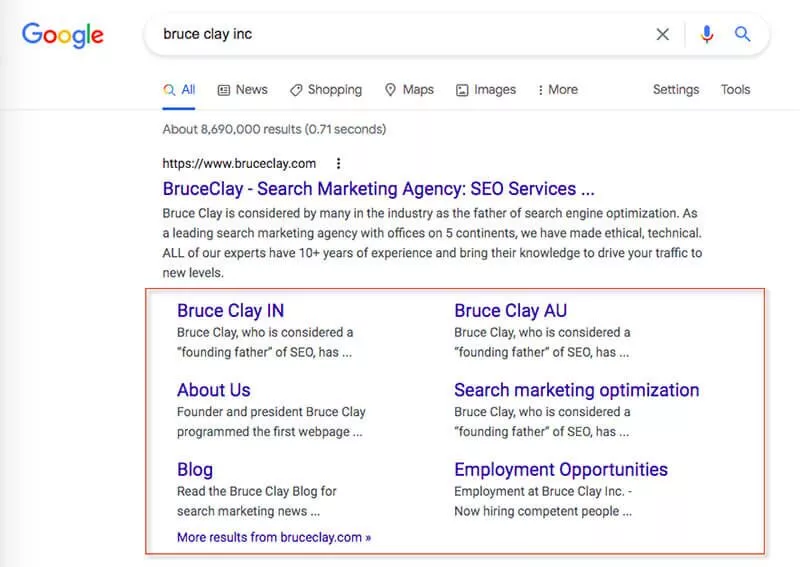 BruceClay.com 搜索“布魯斯粘土公司”的搜索列表的 Google 附加鏈接。