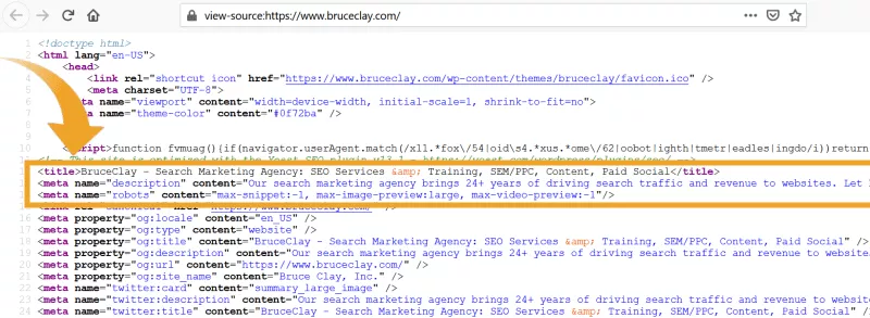 Meta tags em HTML da página inicial do BruceClay.com.