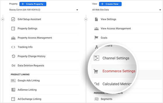 Click Google Analytics Ecommerce Settings