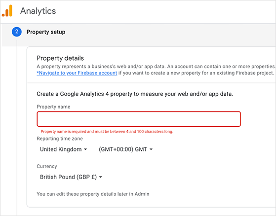 Enter a property name to set up google analytics