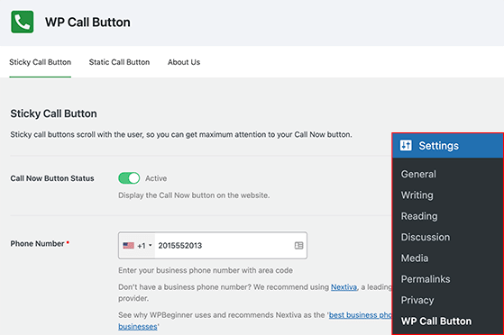 WP Call Button settings page