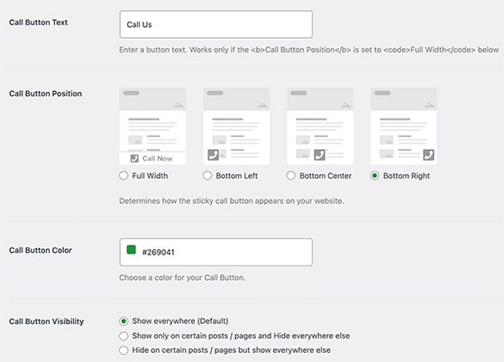 WP call button customization settings