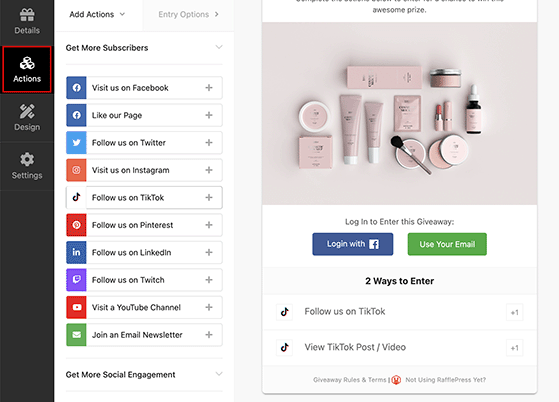 RafflePress giveaway entry actions