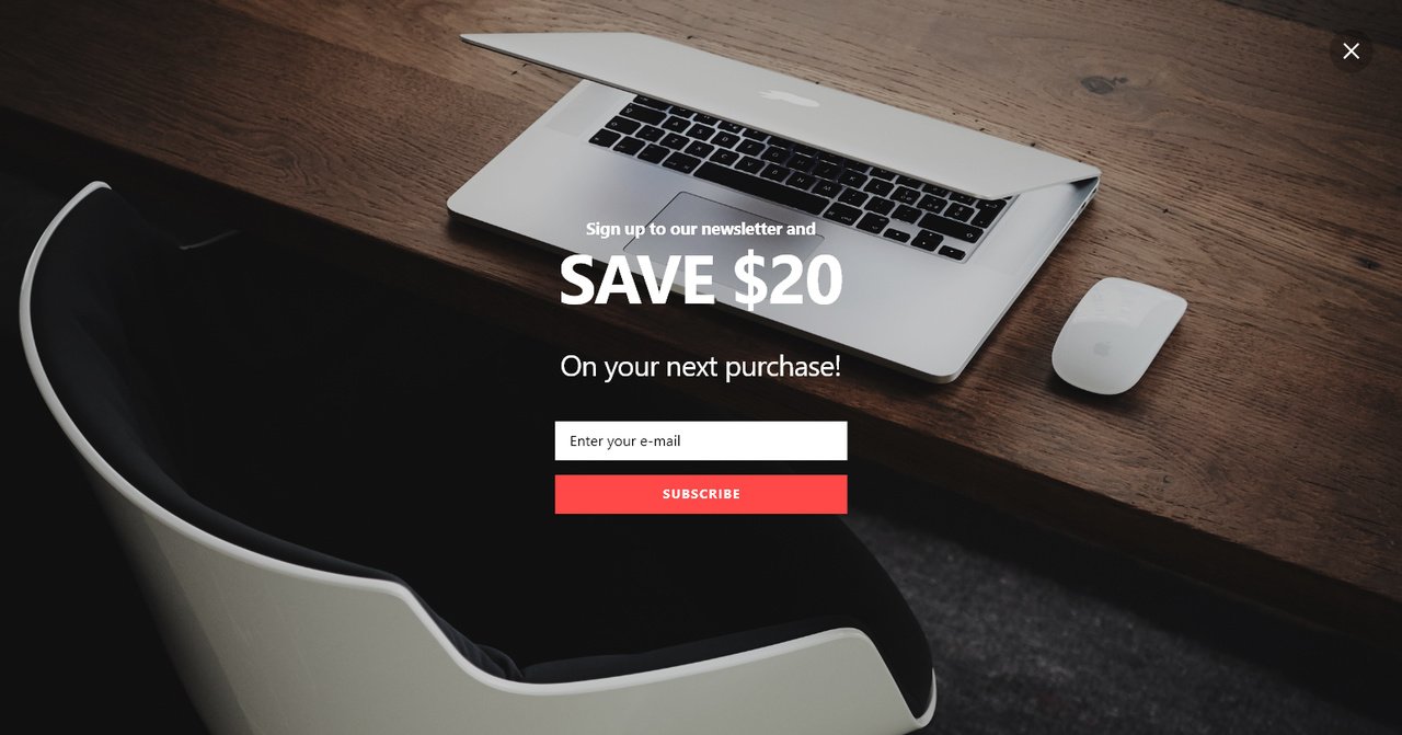 Exemple de pop-up modal permettant d'économiser 20 $ d'abonnement par e-mail