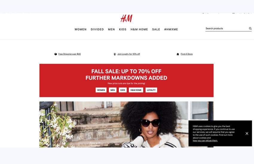 H&M 的 Cookie 免责声明弹出示例