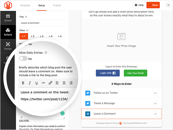 RafflePress leave a comment giveaway action
