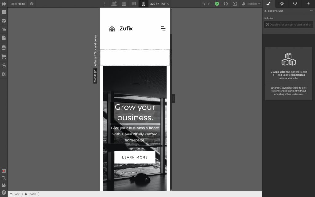 Vorschau der mobilen Version der Webflow-Site