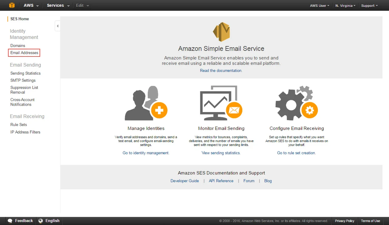 Verifica il nuovo indirizzo e-mail su Amazon SES Console.