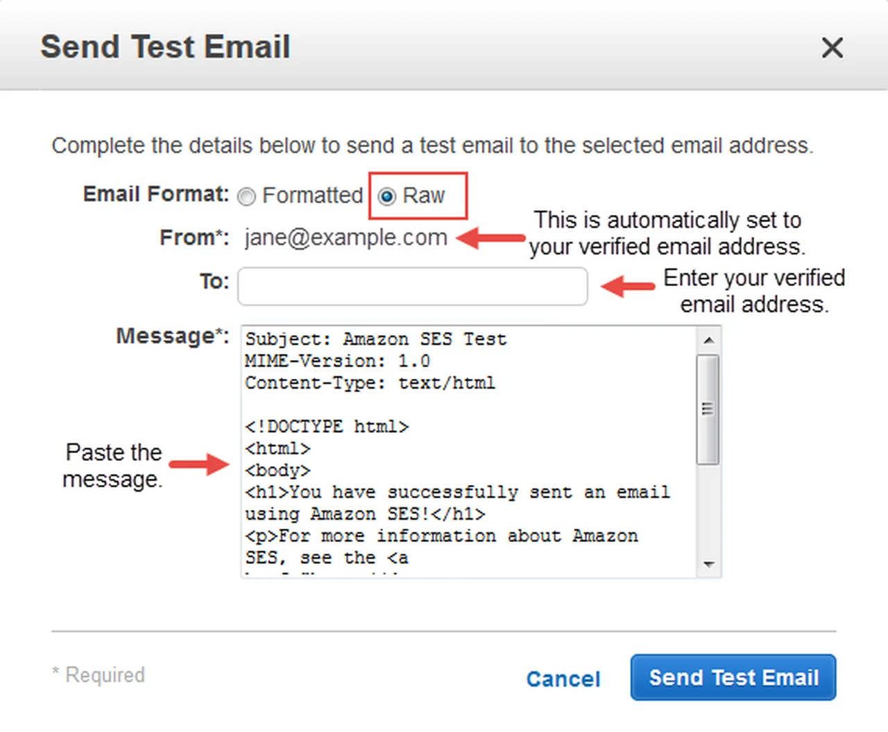 Envoyer un exemple d'e-mail de test dans la console Amazon SES.