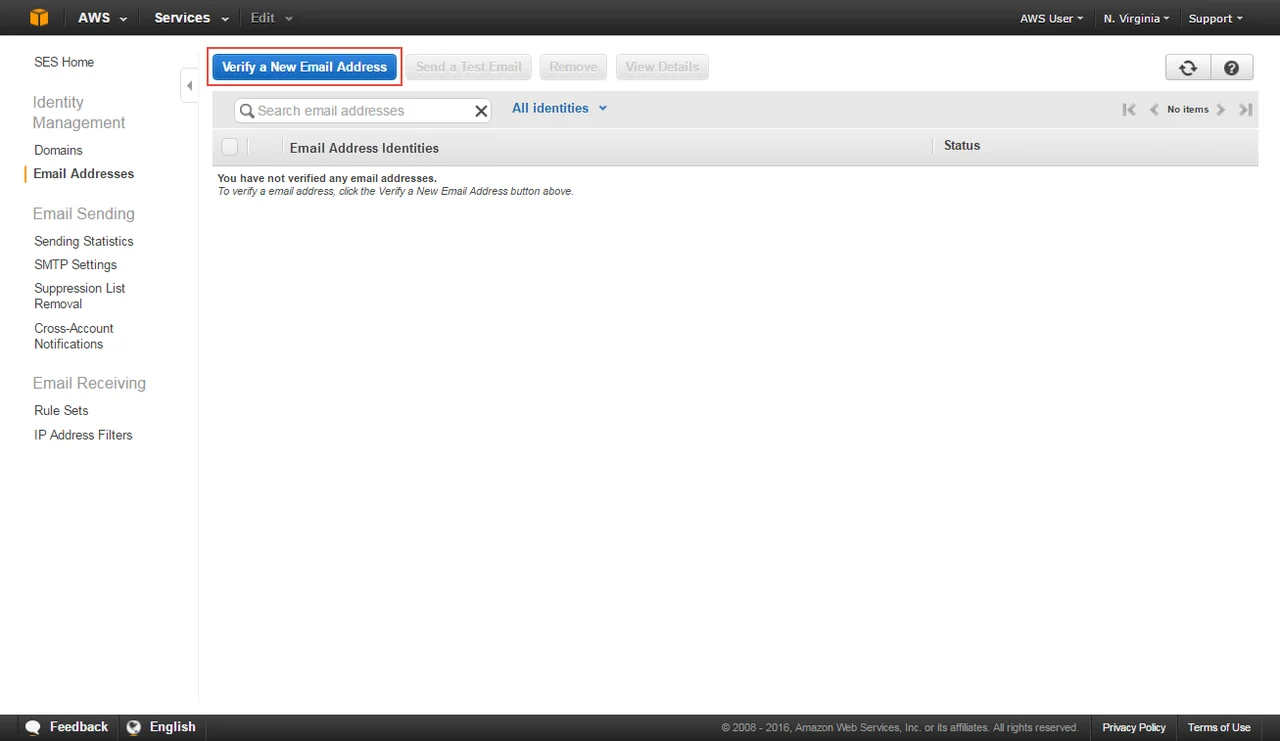 Amazon SES Konsolunda yeni bir e-posta adresi örneğini doğrulayın