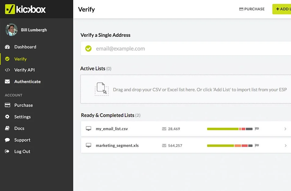 Dashboard del servizio di pulizia delle mailing list di Kickbox.