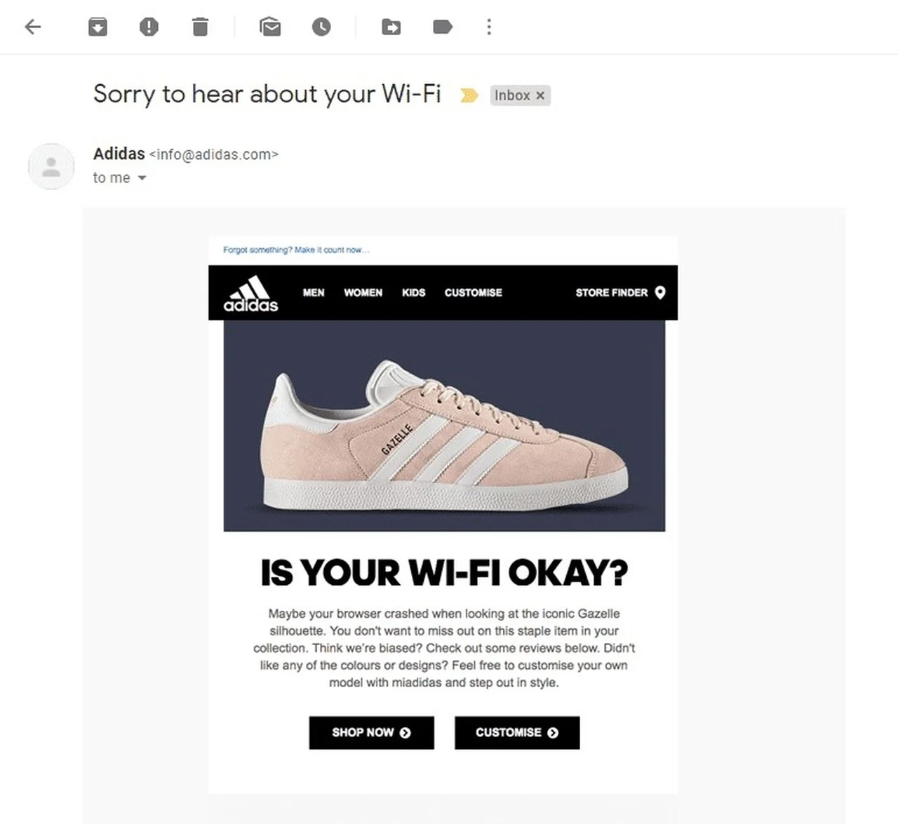 Baris subjek keranjang yang ditinggalkan Adidas "Maaf mendengar tentang WI-FI Anda"