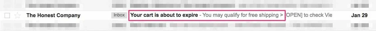 Honest Company의 버려진 장바구니 제목 줄 "장바구니가 곧 만료됩니다. 배송 자격이 있을 수 있습니다."