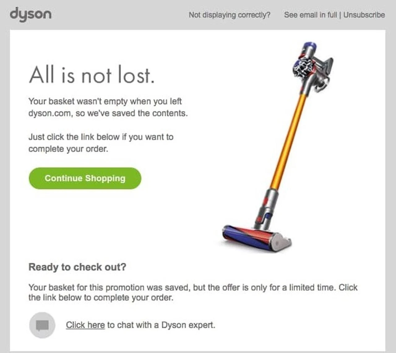 หัวเรื่องรถเข็นที่ถูกทิ้งร้างของ Dyson "All Is Not Lost"