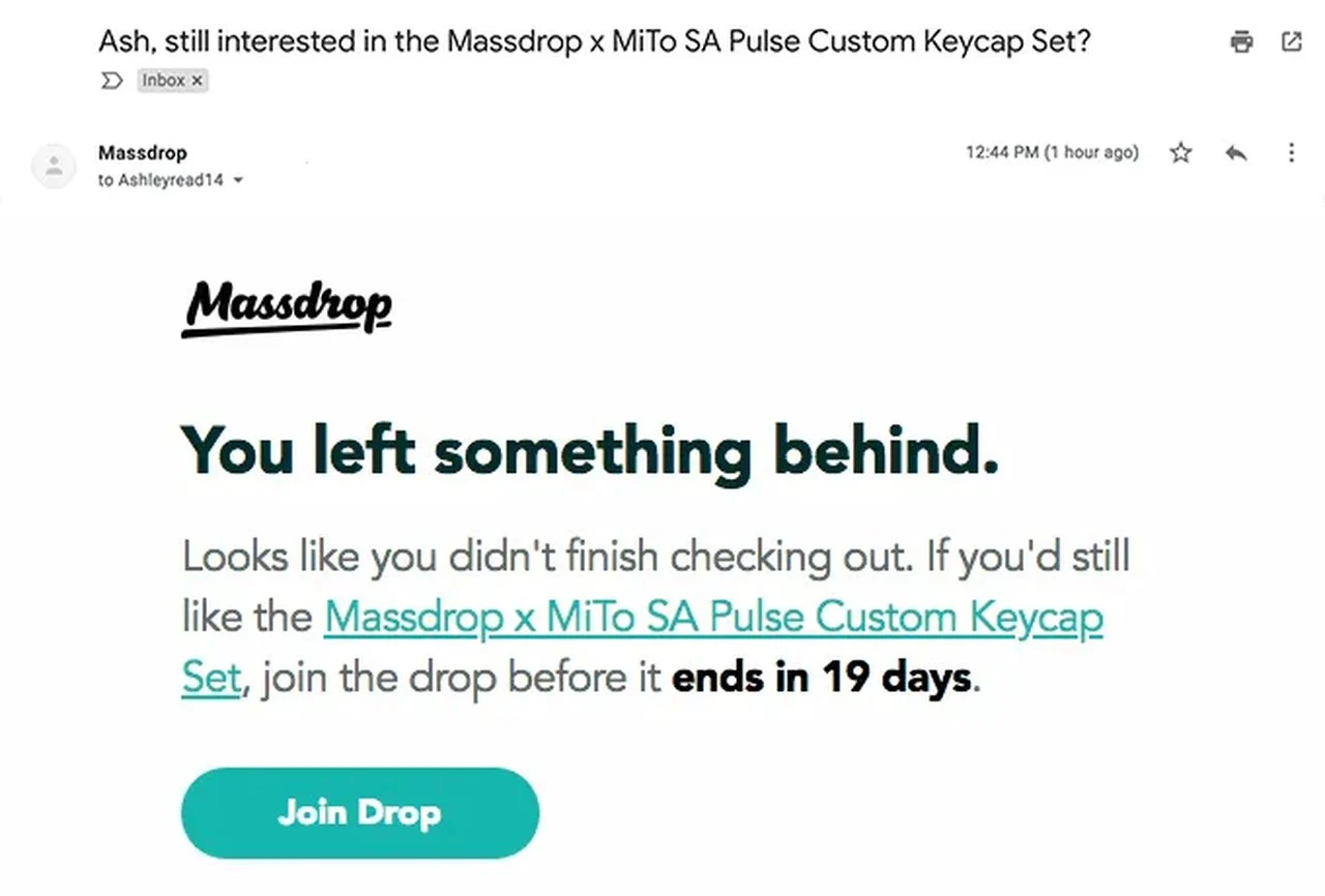 Massdrop 废弃的购物车主题行“Ash，仍然对 Massdrop x MiTo SA Pulse 定制键帽套装感兴趣？”