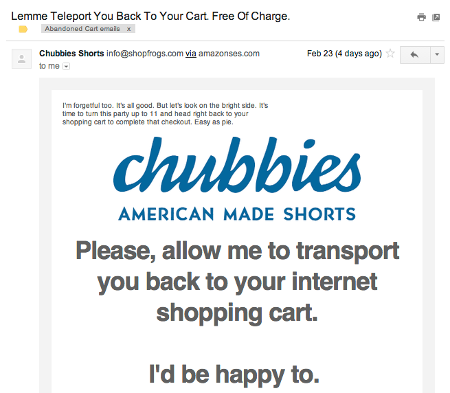 Chubbies 废弃的购物车主题行“Lemme Teleport You Back Your Cart. Free of Charge”