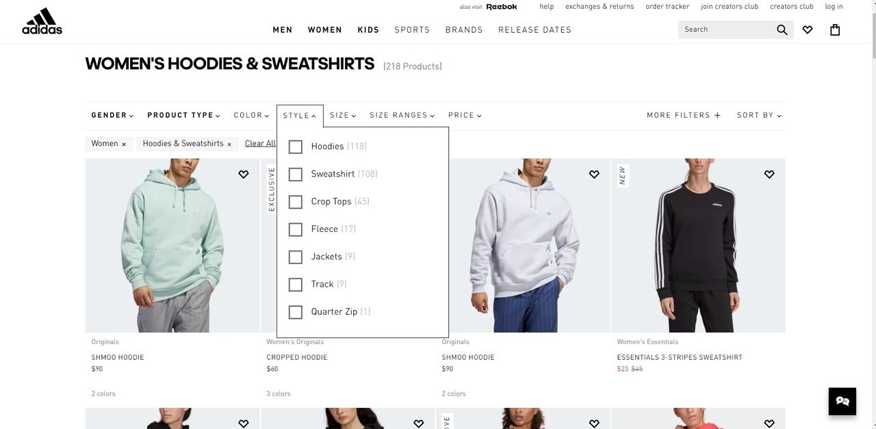 Adidas กรองค้นหา ux tips