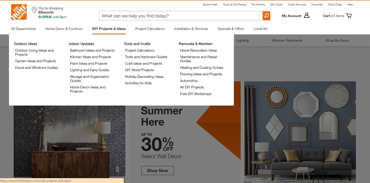 Menu suspenso Home Depot - dicas de design ux