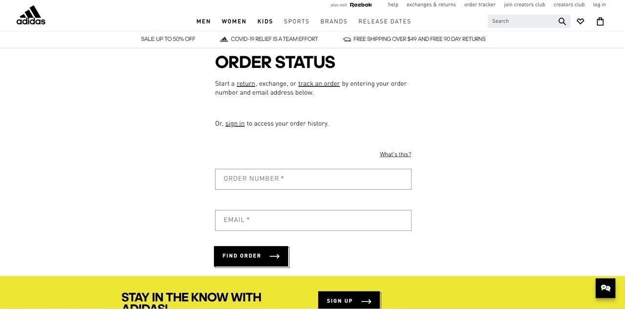 Rastreamento de pedidos da Adidas - dicas de design ux