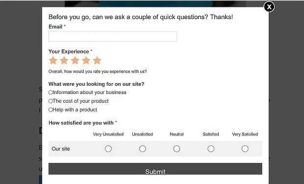 Feedback e-mail pop-up