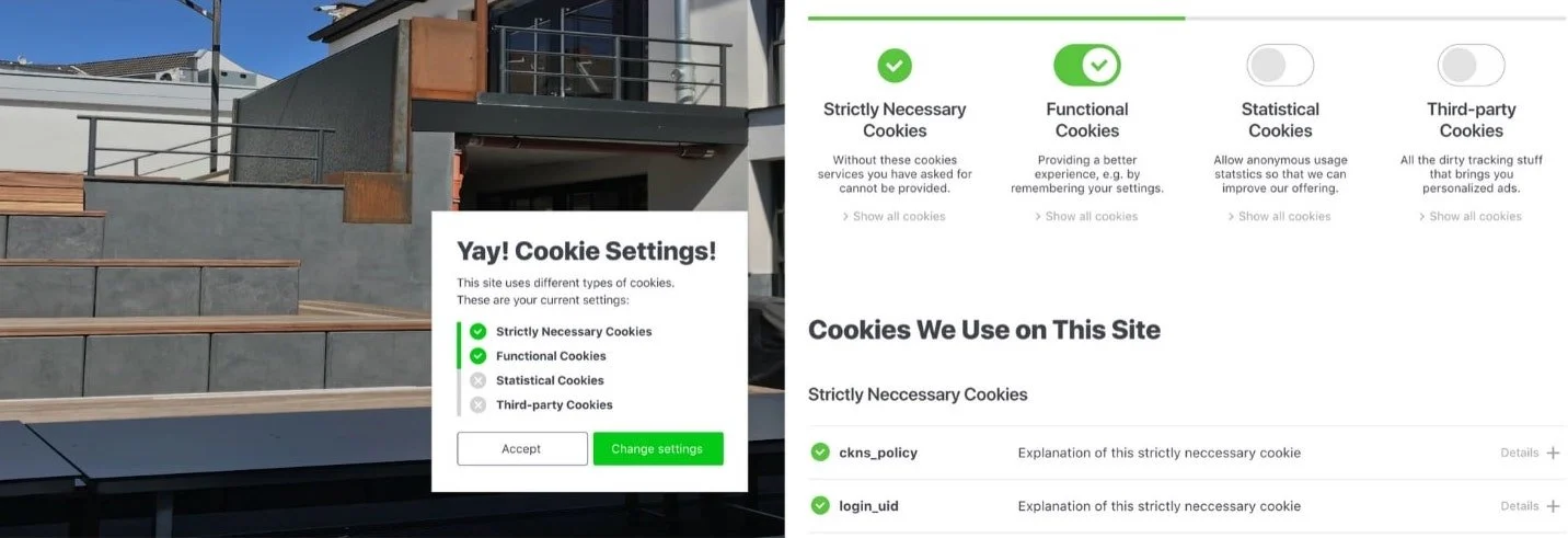 Exemplu pop-up de notificare privind consimțământul pentru cookie-uri de la Indie Web Camp