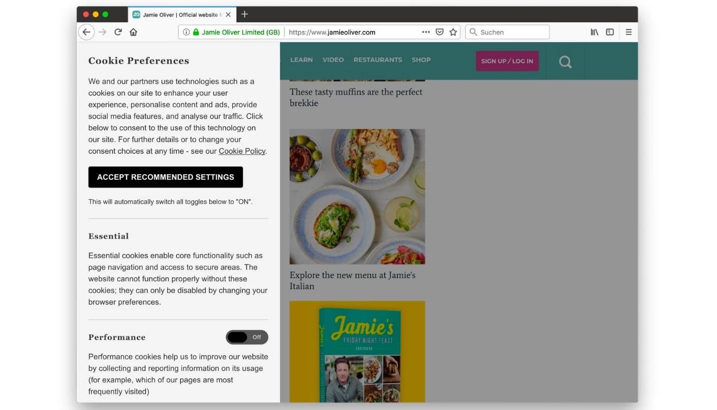 Jamie Oliver'ın çerez izin bildirimi açılır penceresi örneği