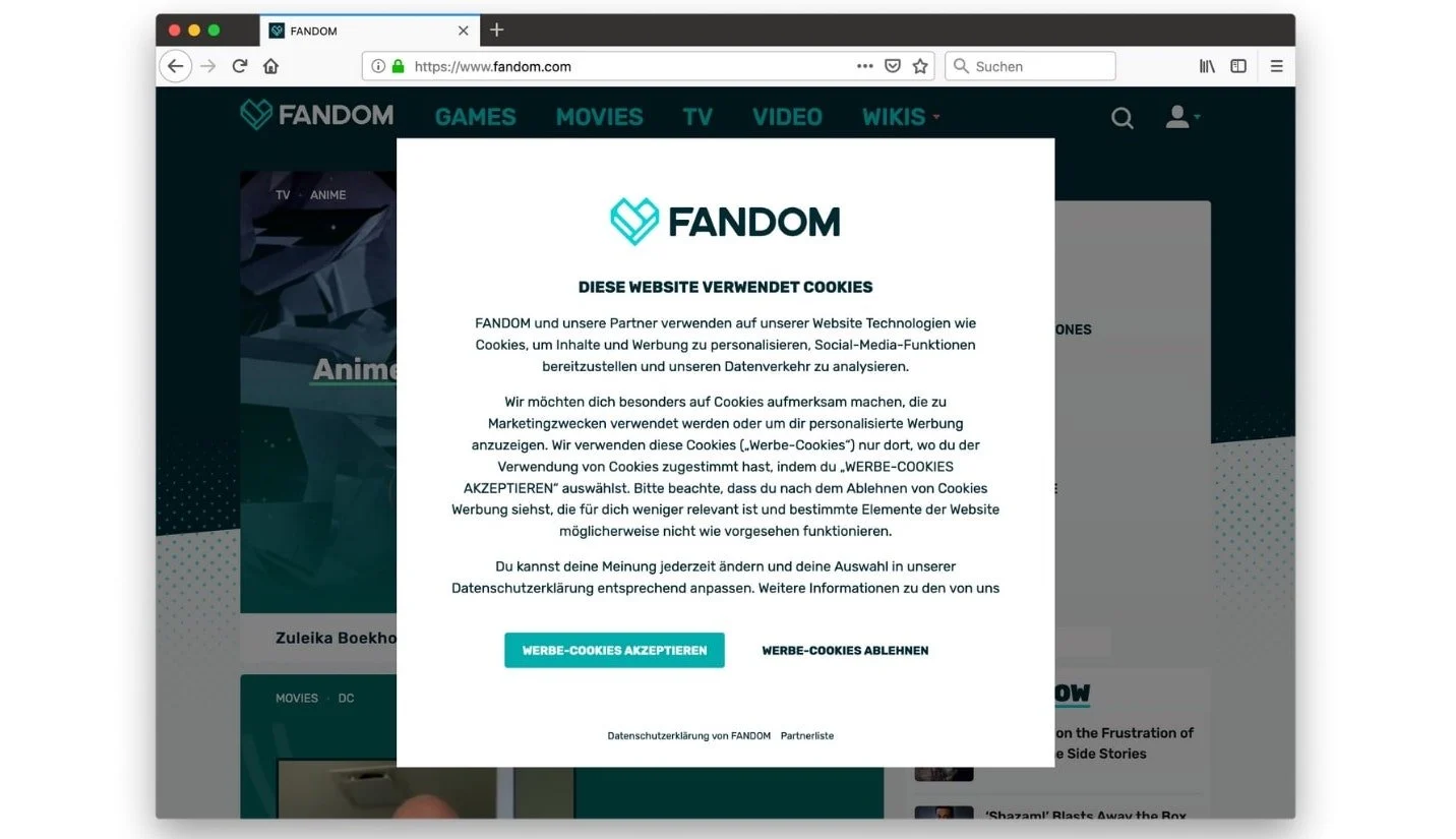 Beispiel für das Cookie-Zustimmungshinweis-Popup von Fandom