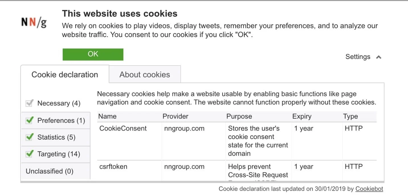 exemple de pop-up d'avis de consentement aux cookies du groupe nielsen norman