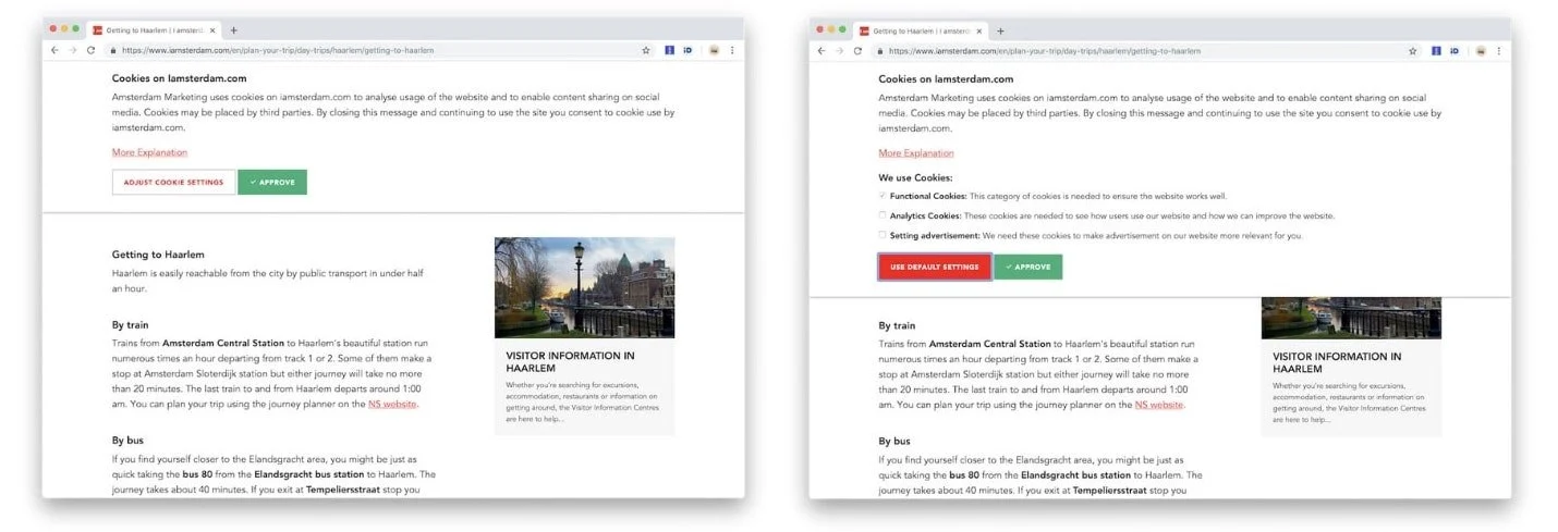 Exemplu pop-up de notificare privind consimțământul pentru cookie-uri din Iamsterdam