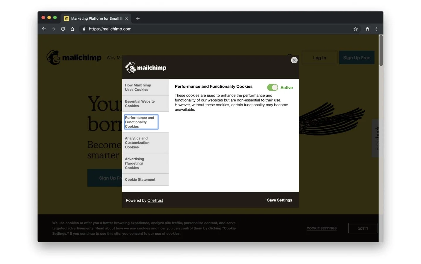 MailChimp'in çerez onay bildirimi açılır penceresi örneği