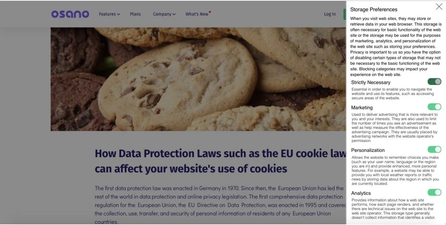 Exemple de pop-up d'avis de consentement aux cookies d'Osano