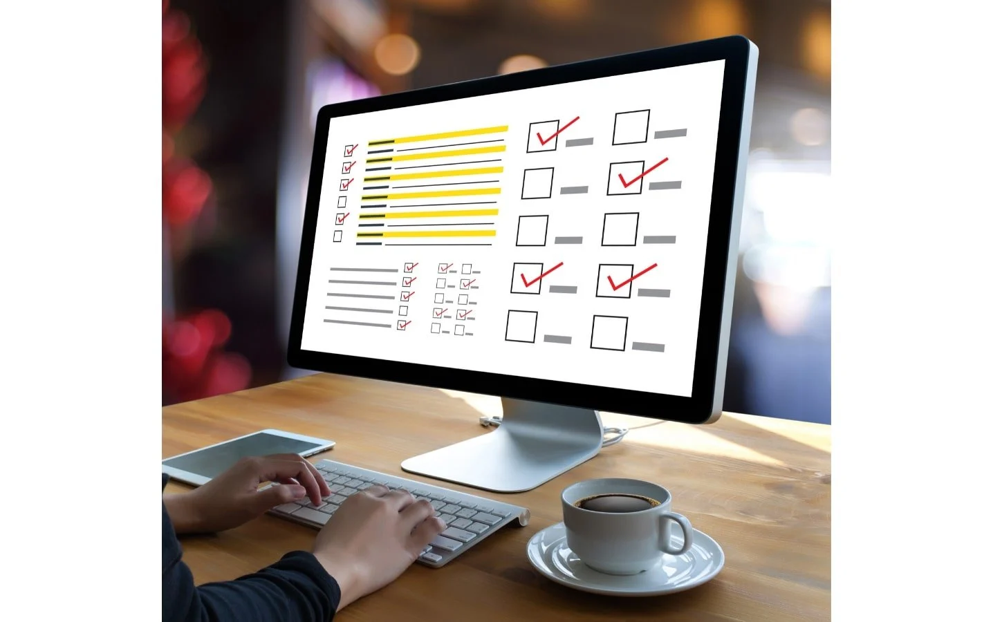 una lista de verificación en la pantalla de una computadora una taza de café una tableta, la foto representa una auditoría de privacidad en línea