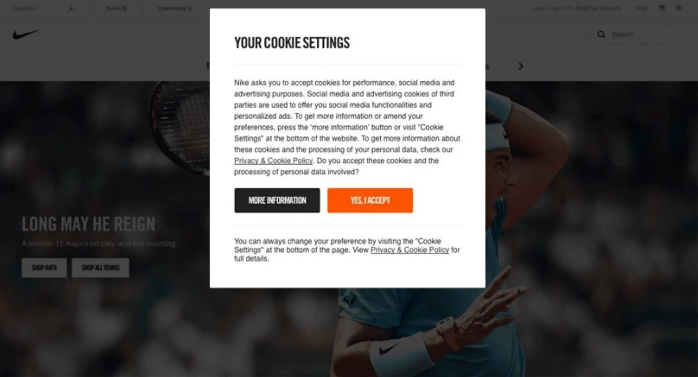 符合 nike GDPR 的 cookie 通知示例的 cookie 同意彈出窗口