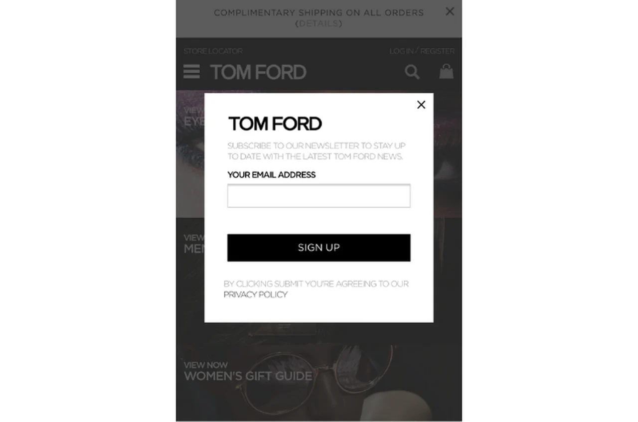 Tom Ford ikinci sayfa mobil açılır penceresi