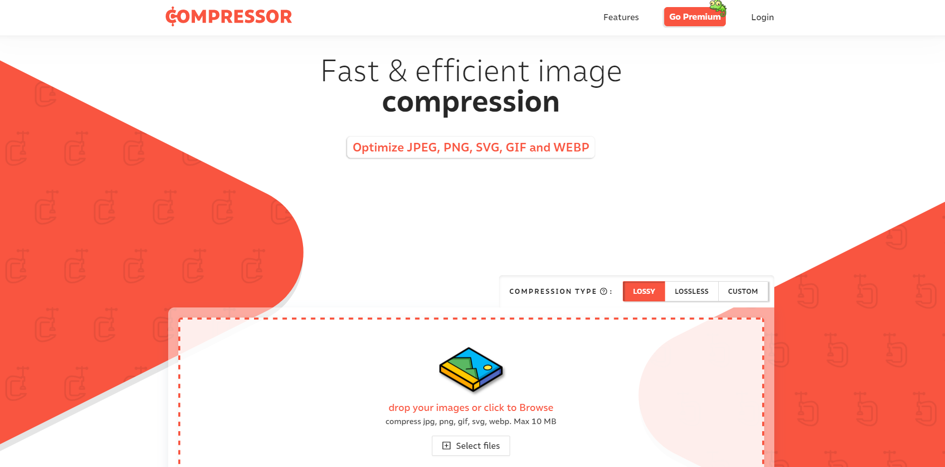 Página de inicio del optimizador de imágenes de Compressor.io