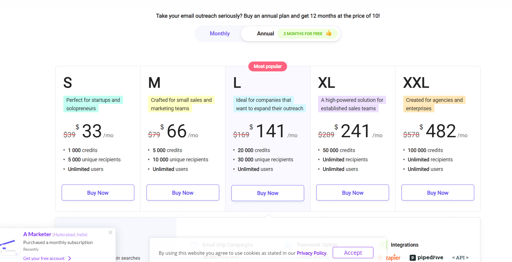 Snov.io web sitesi fiyatlandırma sayfası