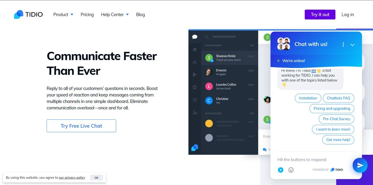 Witryna internetowa narzędzia Tidio do czatu na żywo