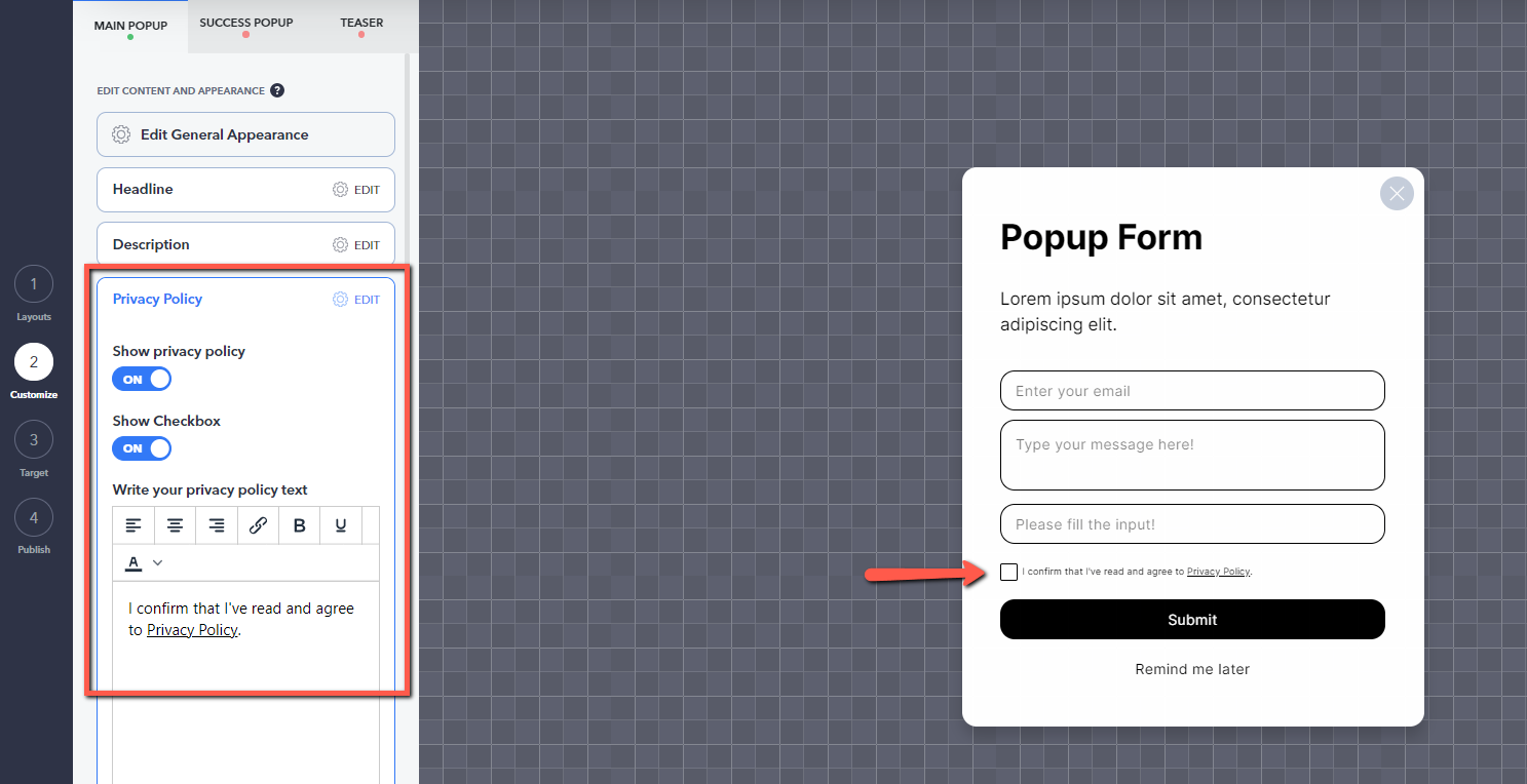 opção de política de privacidade pop-up de formulário de contato