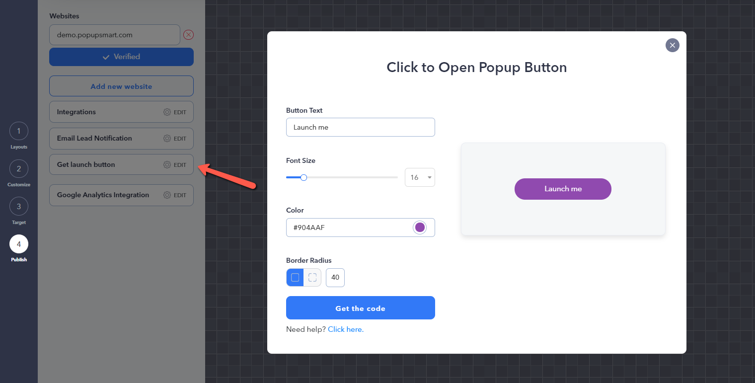 Configuración emergente al hacer clic