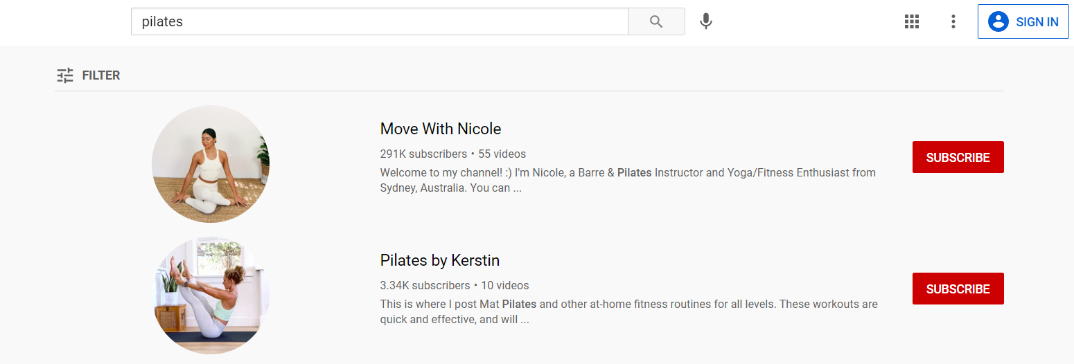 Resultados de pesquisa do YouTube para pilates