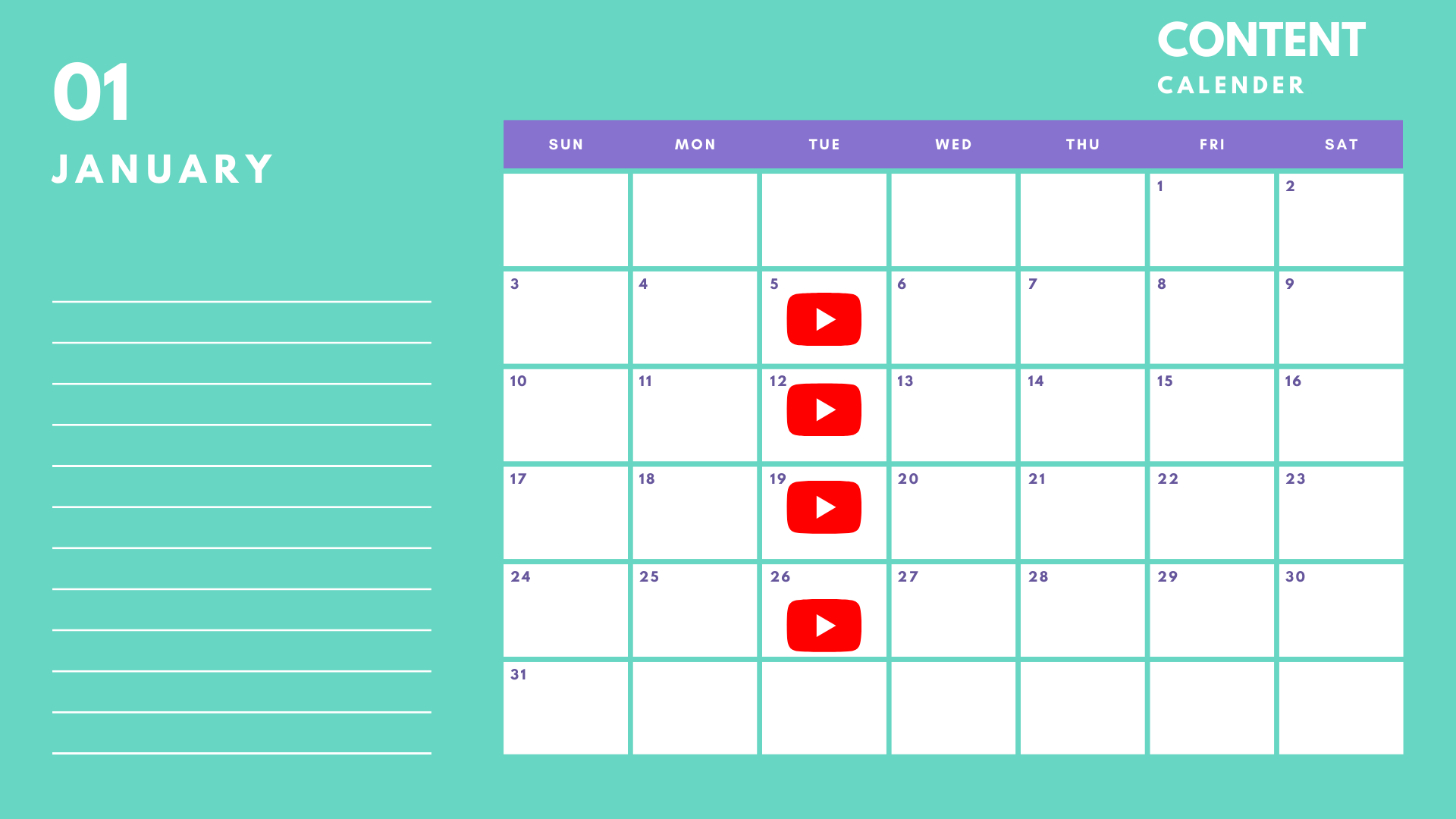 Calendário de conteúdo do Youtube