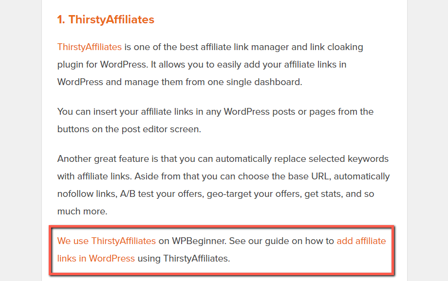 ThirstyAffiliates na postagem do blog WPBeginner