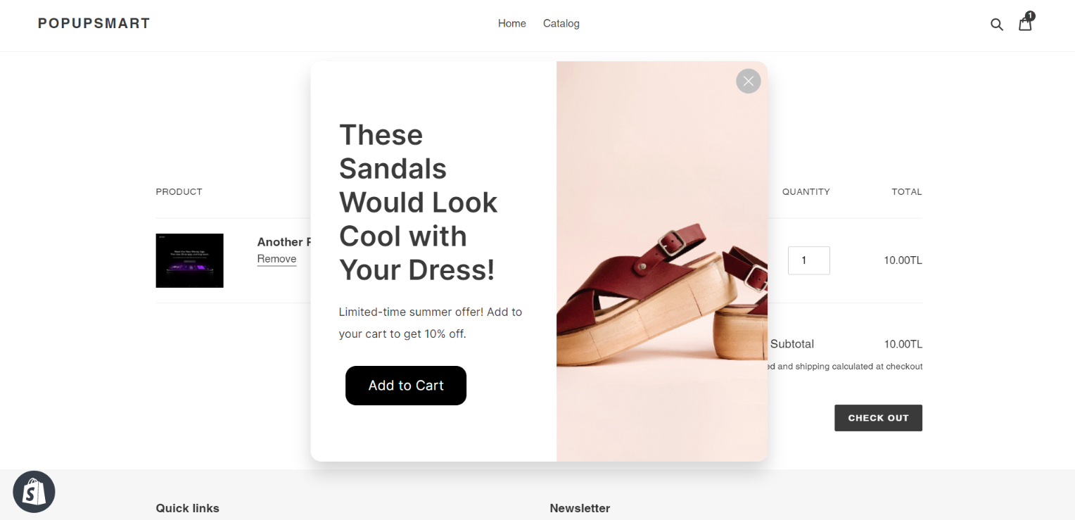 Shopify добавить в корзину всплывающее окно