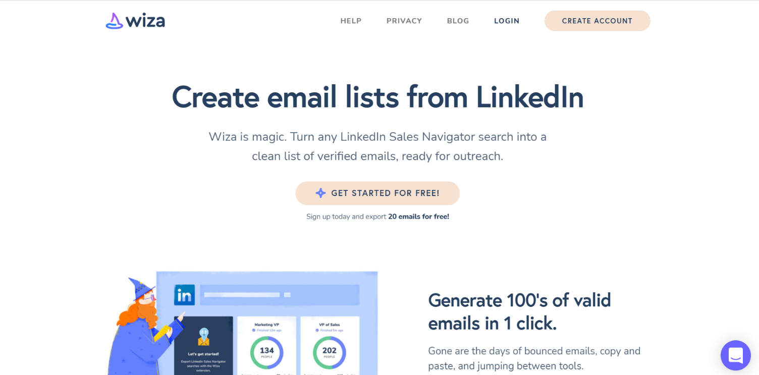 Wiza Linkedin-E-Mail-Extraktor-Homepage