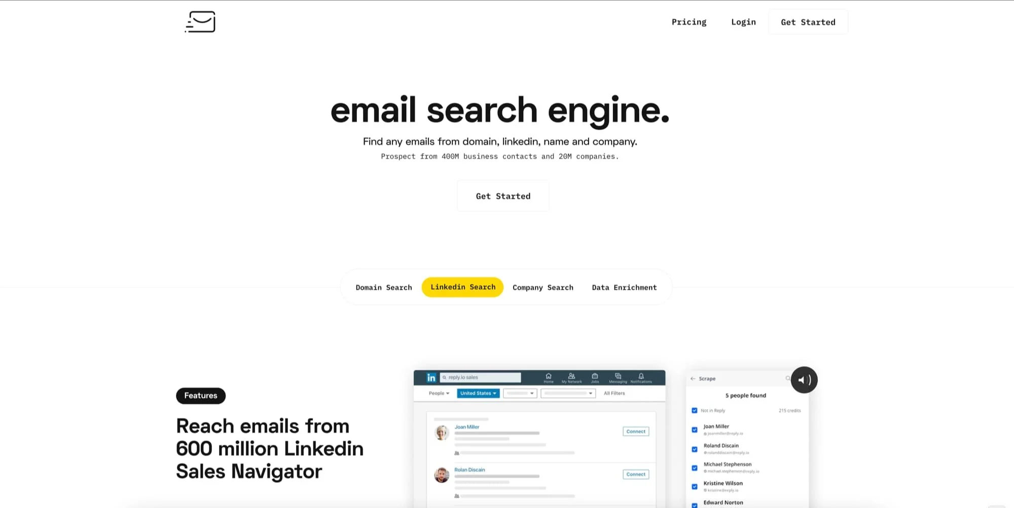 Mecanismo de pesquisa de e-mail Emailsearch.io para linkedin