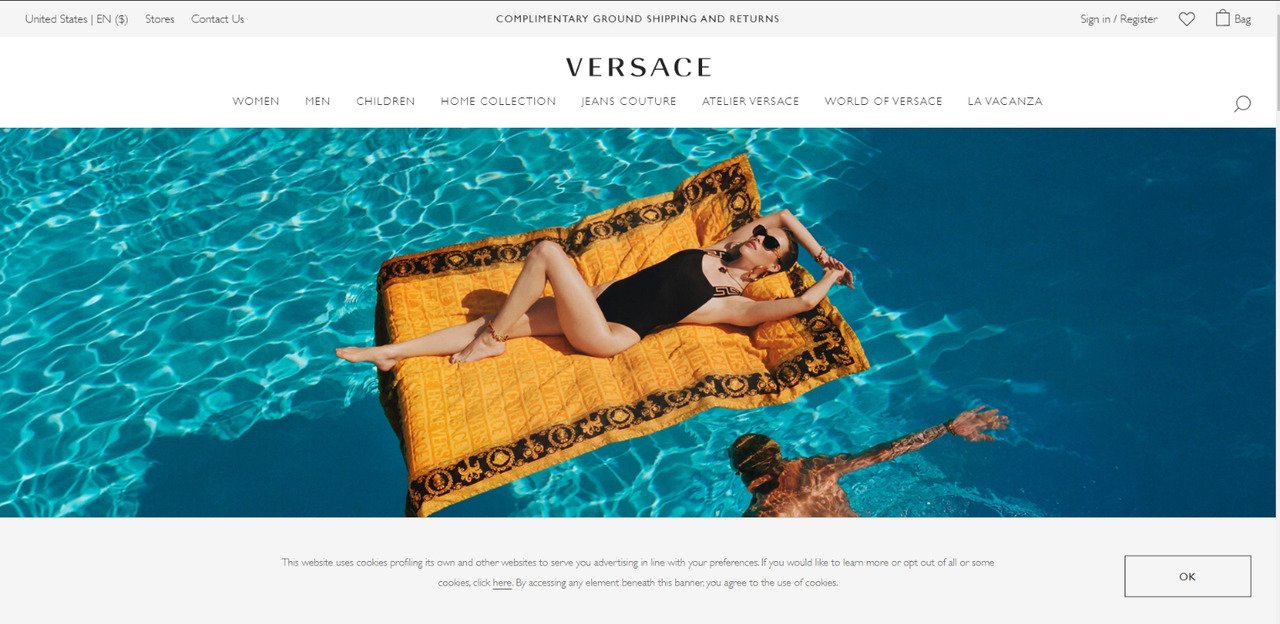 Hinweisleiste für Versace-Cookies