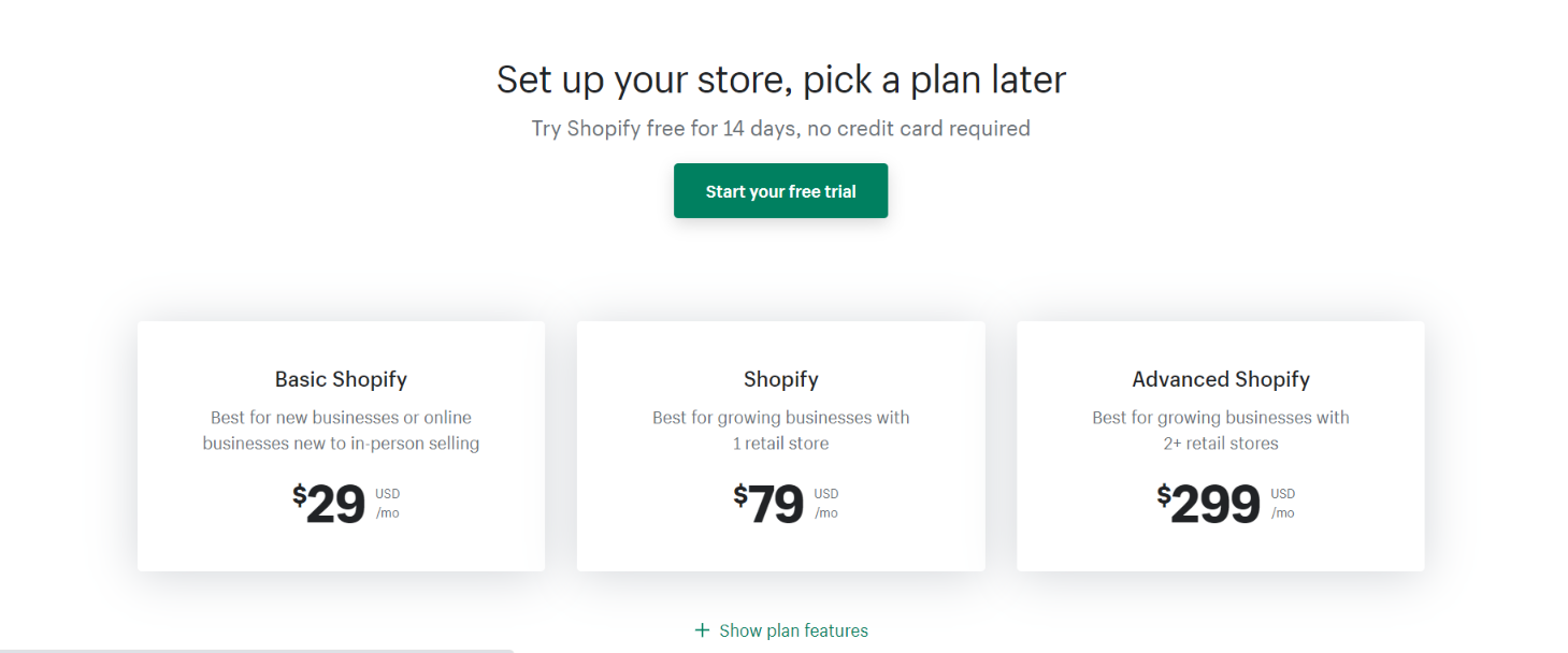 Shopify fiyatlandırma sayfası ekran görüntüsü